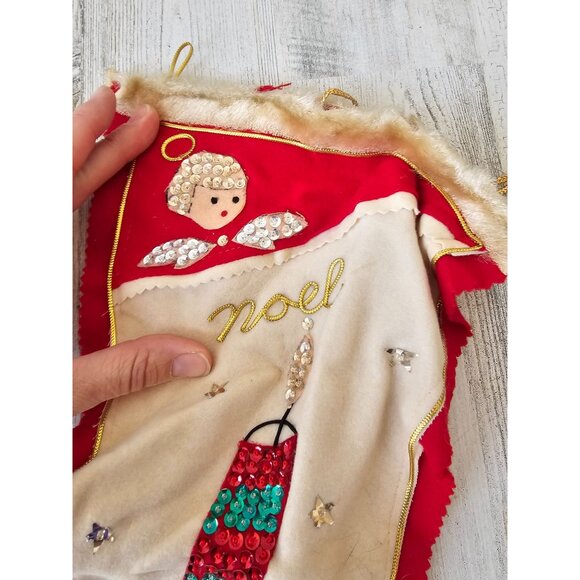 Vintage felt sequin stocking Santa Mrs Claus candle as is - Picture 4 of 6